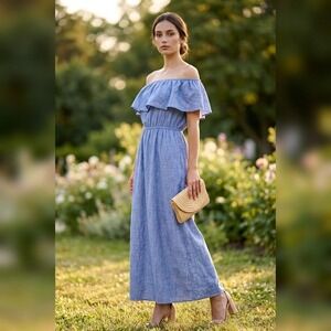 Rove Maxi Dress Womens Medium Blue 100% Linen Off Shoulder Ruffle Vacation